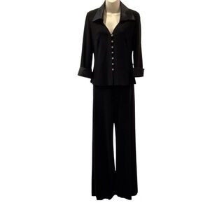 Joseph Ribkoff Black Set Satin Accents Bow Pleated Back & Wide Leg Pants Sz 6
